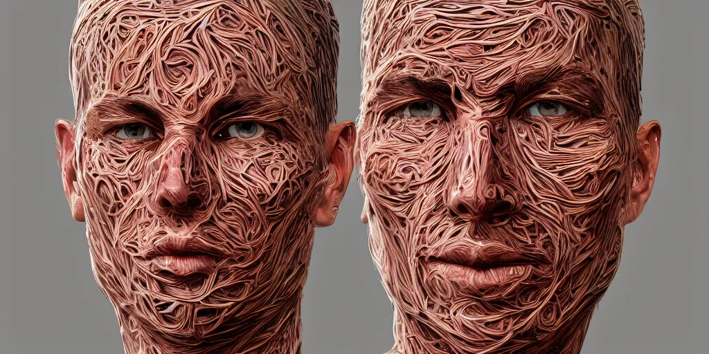 Image similar to Intricate detailed illustration, A portrait of a face constructed from cold cuts, cinematic lighting, by Philip Hood, wide angle, volumetric light scattering, 8k, artstation, concept art,