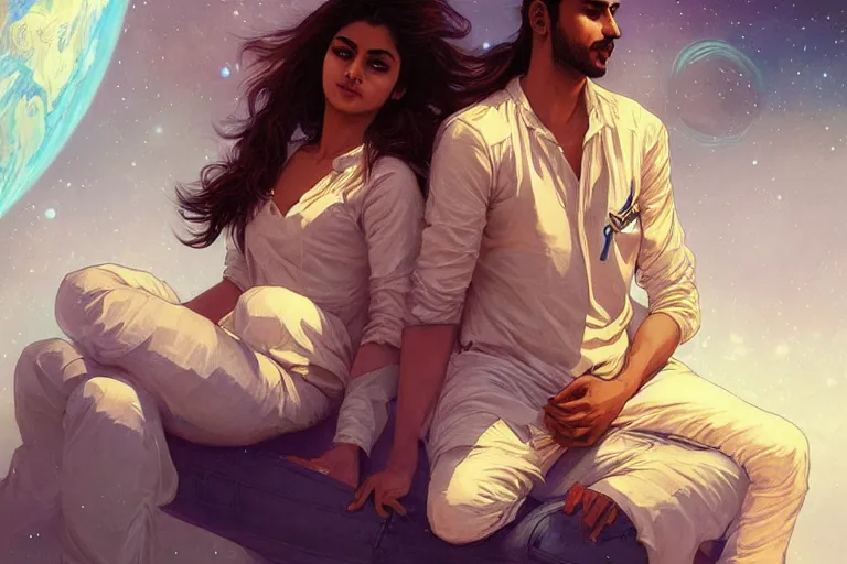 Image similar to Sensuous good looking pale young Indian doctors wearing jeans in a space station above Earth, portrait, elegant, intricate, digital painting, artstation, concept art, smooth, sharp focus, illustration, art by artgerm and greg rutkowski and alphonse mucha