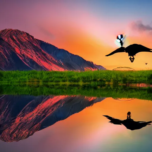 Image similar to photo of two black swans touching heads in a beautiful reflective mountain lake, a colorful hot air balloon is flying above the swans, hot air balloon, intricate, 8k highly professionally detailed, HDR, CGsociety