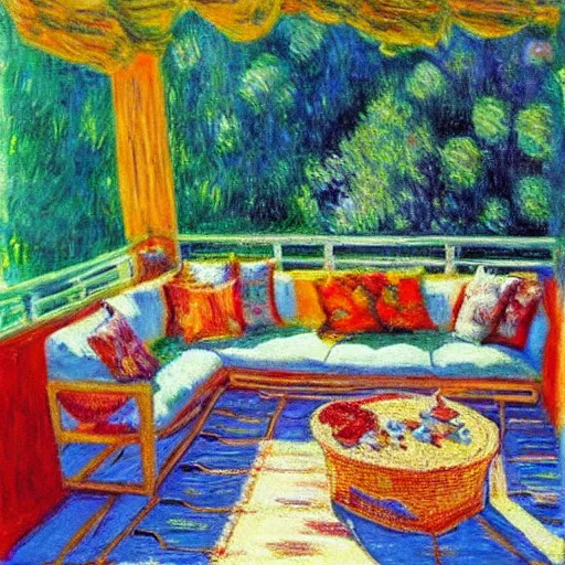 Image similar to “sunlit balcony with outdoor sofa, backgammon, a pair of shoes, peaceful, nostalgic, in the style of Monet”