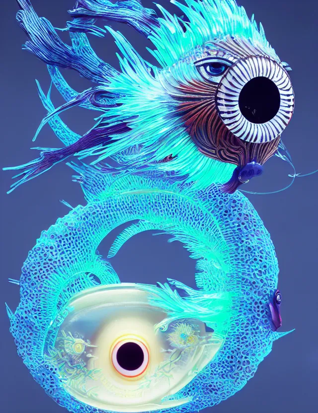 Image similar to 3 d eye of god. beautiful intricately detailed japanese crow kitsune mask and clasical japanese kimono. betta fish, jellyfish phoenix, bio luminescent, plasma, ice, water, wind, creature, artwork by tooth wu and wlop and beeple and greg rutkowski