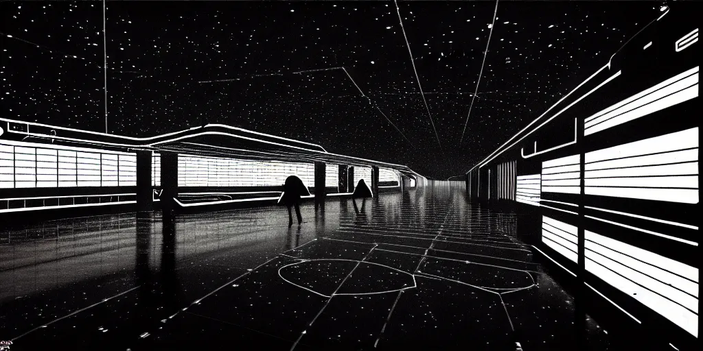 Image similar to interior shot of a space port at night, retro punk, cinematography by Jim Jarmusch, composition by Hale Woodruff,in the style of robert doisneau, soundtrack by Aphex Twin, background by Moebius.