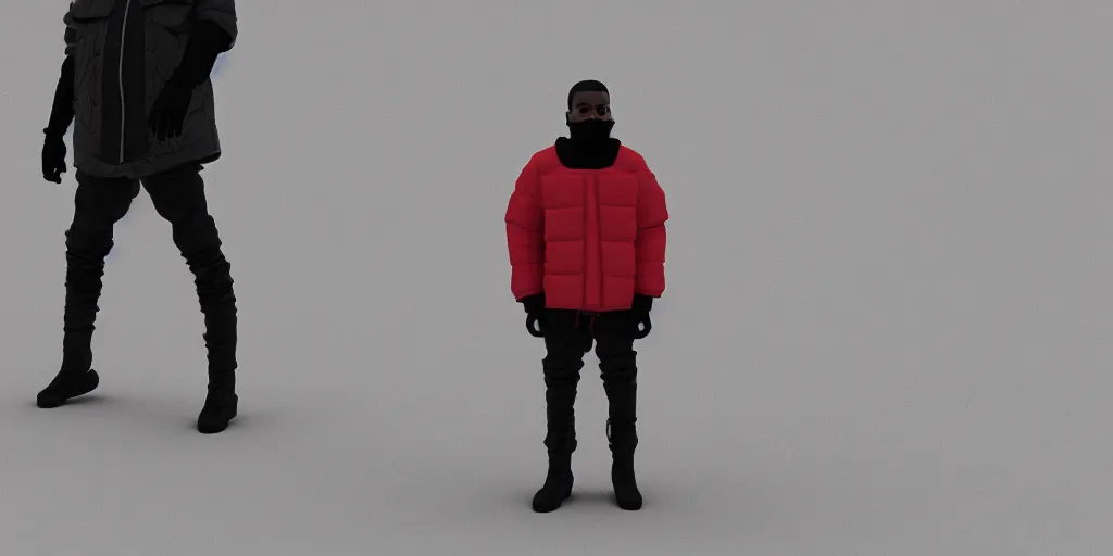 Image similar to kanye west using a full face covering black mask, a small, tight, undersized reflective bright red round puffer jacket made of nylon, dark jeans pants and big black balenciaga rubber boots in 3 d, blender, octane render, 3 d render, realistic, unreal engine, trending on sketchfab, studio light, 4 k, 8 k