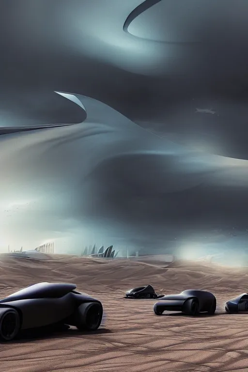 Image similar to zaha hadid buildings in the middle of a mad max desert scene with futuristic car, trending on artstation, cinematic matte painting, stormy weather, dark moody colors, featured on behance
