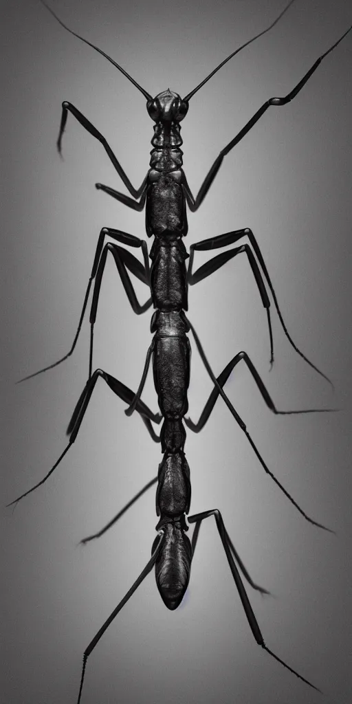 Image similar to a photorealistic render of a praying mantis made of melted plastic on a black background, greyscale, made of melted plastic and marble, c 4 d, by zhelong xu and ernst haeckel, wide angle, hyper realistic, plain black background, 8 k, volumetric lightning, octane render