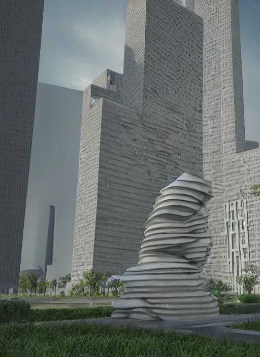 Image similar to highly detailed realistic architecture 3 d render of a futuristic stele monument in ieoh ming pei style standing in city park, archdaily, made in unreal engine 4 octane render
