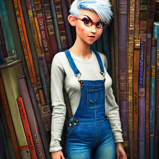 Image similar to full body pose, beautiful adult book fairy, pixar, short white hair shaved sides, dirty, grungy, grunge, long sleeve, painted overalls, stacks of giant books, highly detailed, 4 k, hdr, smooth, sharp focus, high resolution, award - winning photo, artgerm, photorealistic