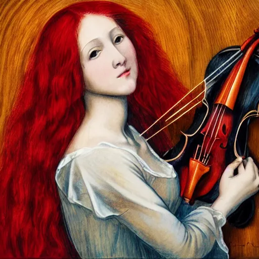 Image similar to woman with red hair red dress at the center of the stage playing redwood violin, artistic, renaissance, soft, detailed, art nouveau, artwork of the century, precision