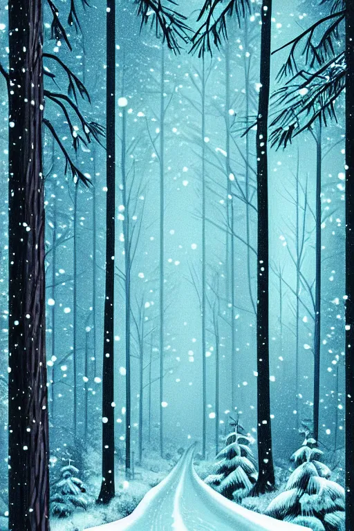 Image similar to beautiful dark evil forest at night with pine trees and snow, snowing and wind. Digital Matte Illustration by Lisa Frank