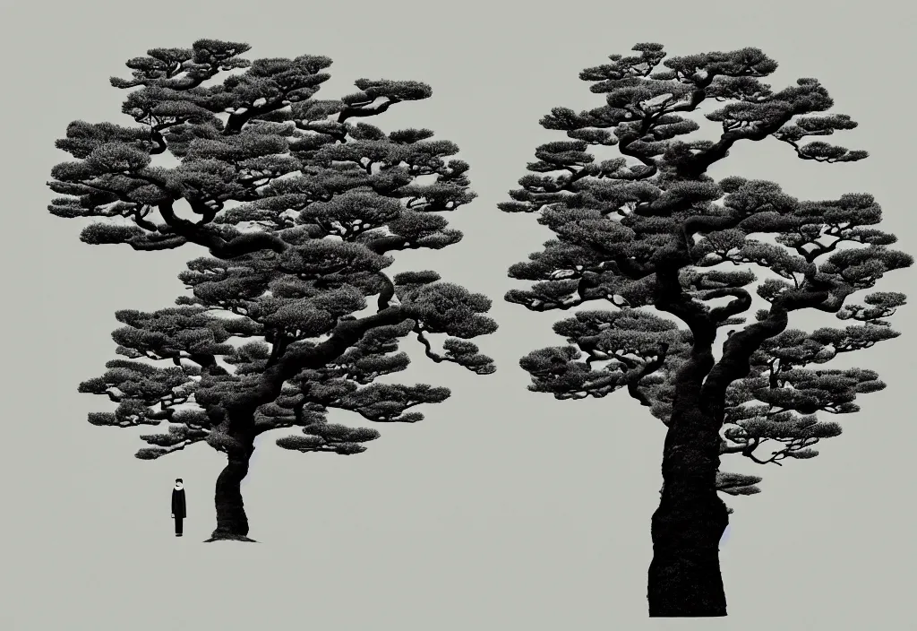 Image similar to windswept tree, rural japan, a collage painting, in the style of wes anderson, lola dupre, david hockney, isolated on negative white space background dark monochrome fluorescent neon spraypaint accents volumetric octane render