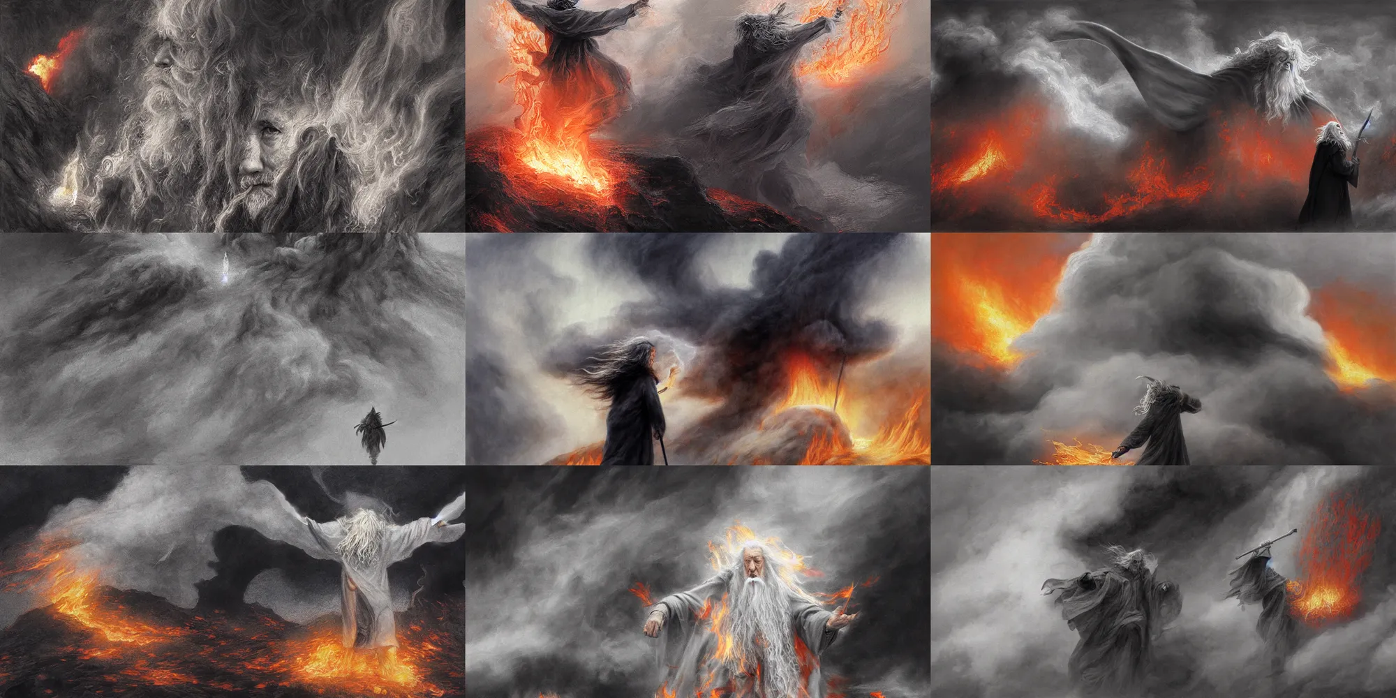 Prompt: gandalf falling inside a billowing cloud of flame and black smoke by alan lee, intricate, detailed, wide angle, digital painting, artstation