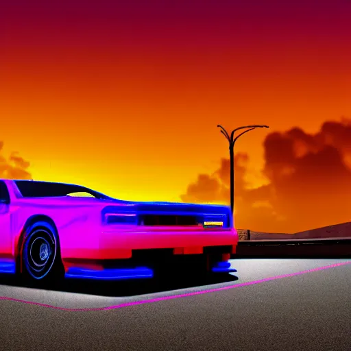 Image similar to neon synthwave hemi v 8 engine, at sunset, 8 k. filling most of the view