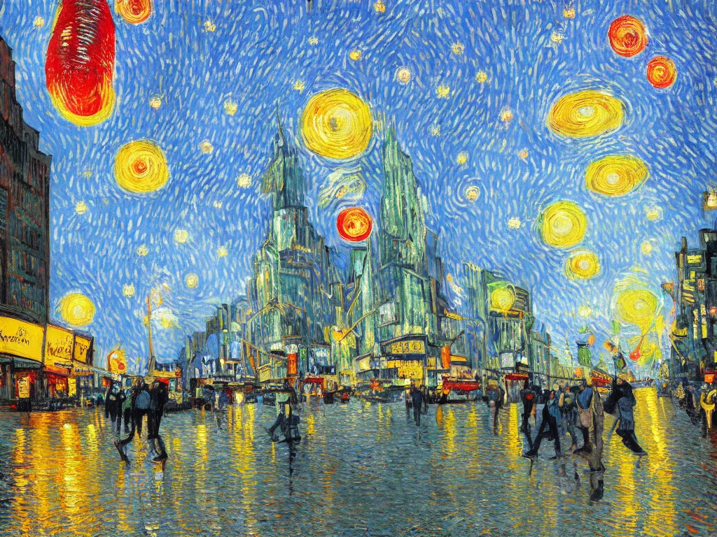 Image similar to bright beautiful oil painting of flying saucers invade new york city in 2 0 1 9, light scatter, van gogh