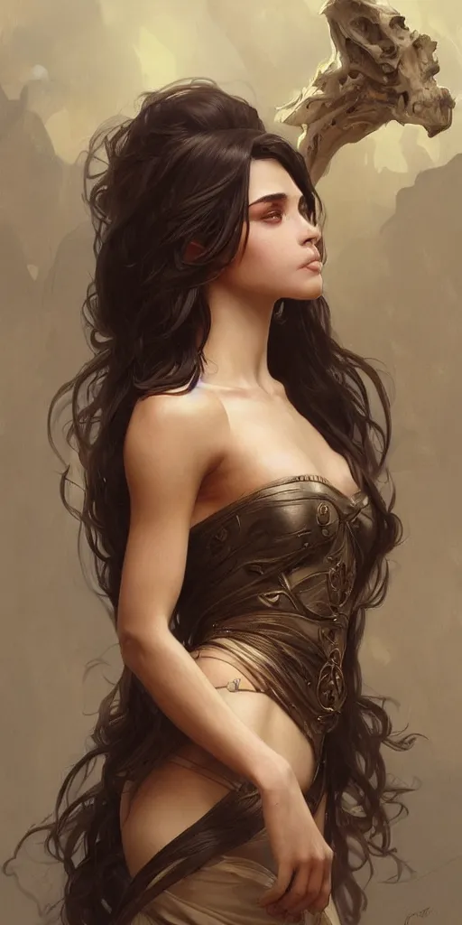 Image similar to an attractive young female, olive skin, long dark hair, beautiful bone structure, intricate, elegant, highly detailed, digital painting, artstation, concept art, smooth, sharp focus, illustration, art by artgerm and greg rutkowski and alphonse mucha