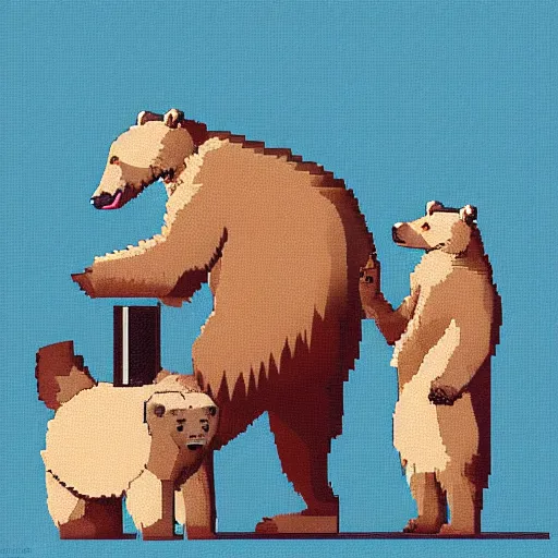 Image similar to an American Grizzly Bear and a Russian Polar Bear having tea, pixel art, trending on artstation