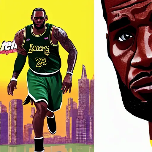 Image similar to lebron james in gta v cover art, art by stephen bliss, sharp details, sharp focus