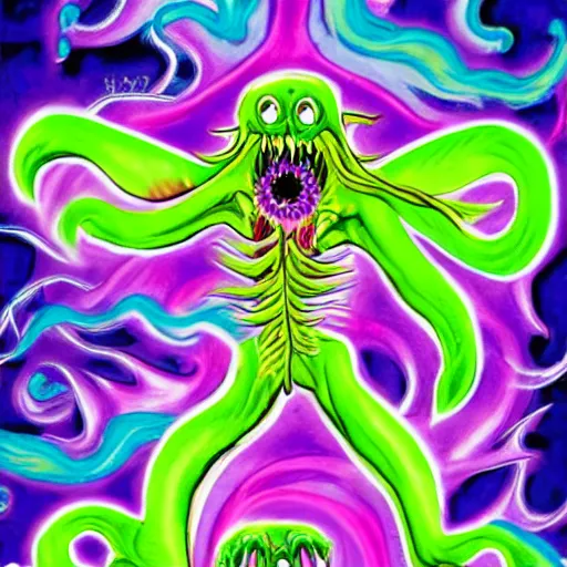 Image similar to horrifying eldritch monster in the style of lisa frank