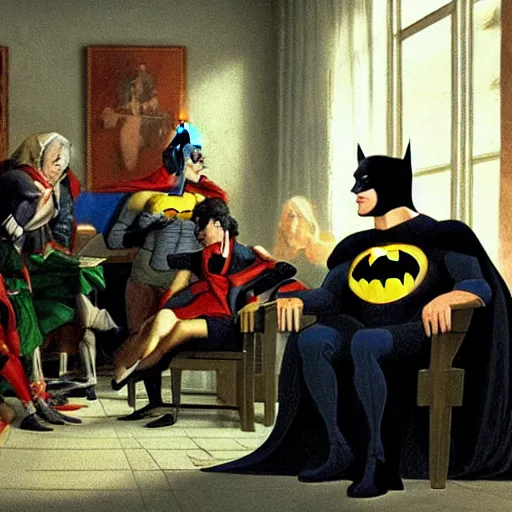 Image similar to a picture of batman sitting in a therapists office, 4 k, ultra detailed, by jacques - louis david