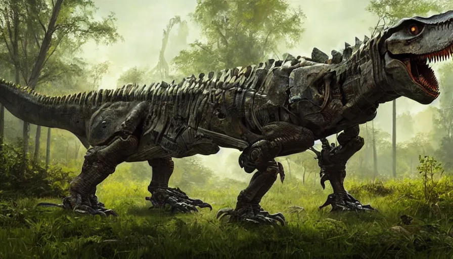 Image similar to A part machine part dinosaur hybrid of a T-Rex strolling along a lush green forest in the style of the playstation 5 game Horizon Zero Dawn world, half robot T-Rex, sci-fi concept art, highly detailed, oil on canvas by James Gurney