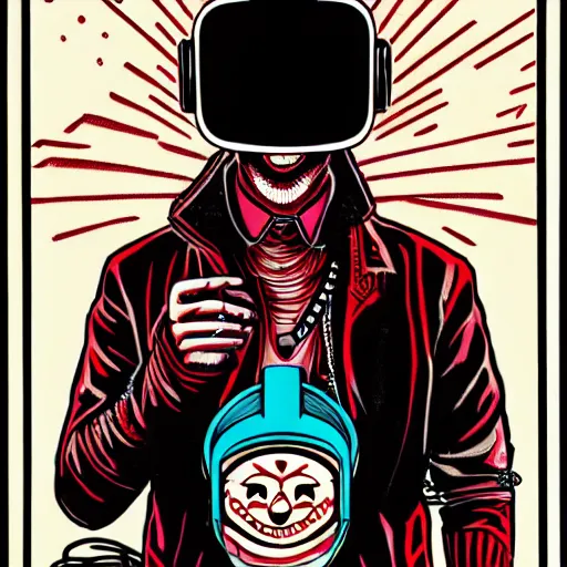 Image similar to Illustrated by Shepard Fairey and H.R. Geiger | Cyberpunk Clown Vampire with VR helmet, surrounded by cables