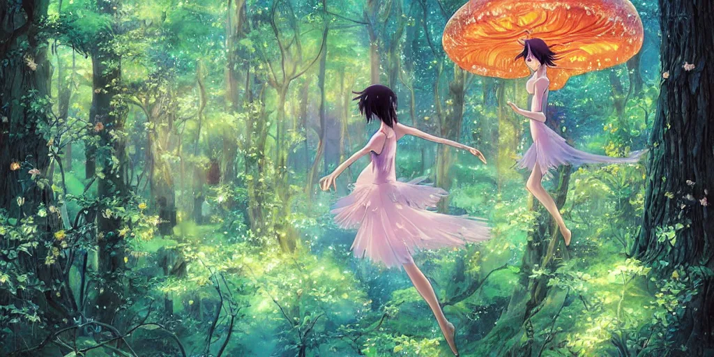 Image similar to jelly fungus forest ballerina, art by makoto shinkai and alan bean, yukito kishiro
