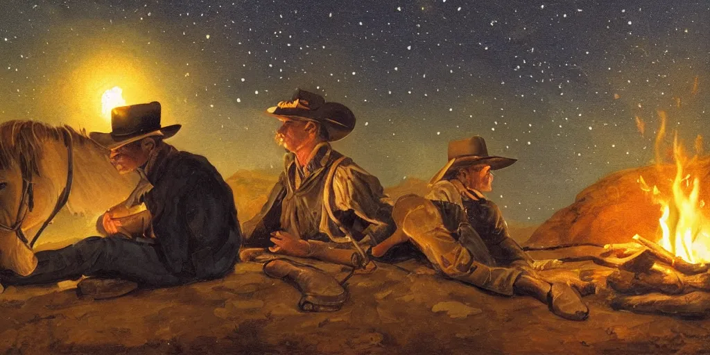 Prompt: in the old west, at a campfire at night, close up portrait of one sleeping bandit ( ( alone ) and wide shot of one teenager ( ( alone ) ) watches the stars and his horse grazes, in the style of fredrick remington, oil painting, warm color palate, astral