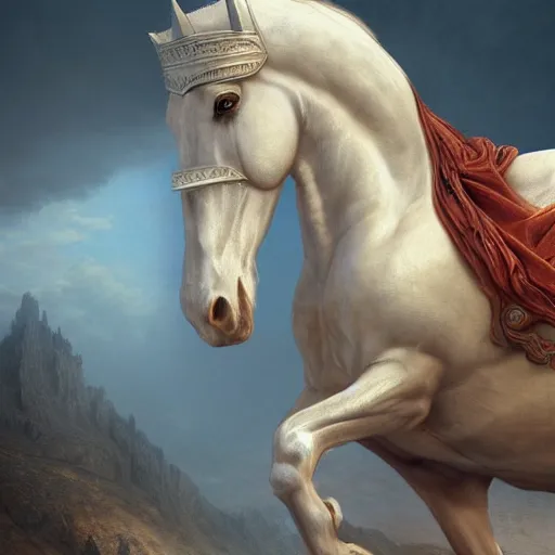 Prompt: a masterpiece!! matte painting of a handsome!! man riding on a majestic!! white horse with eyes like flames!!!, many crowns!! upon his head, a robe dipped in blood!, by gustav dore and paul barson, 8 k, uhd, trending on artstation, octanerender!!, crepuscular!!