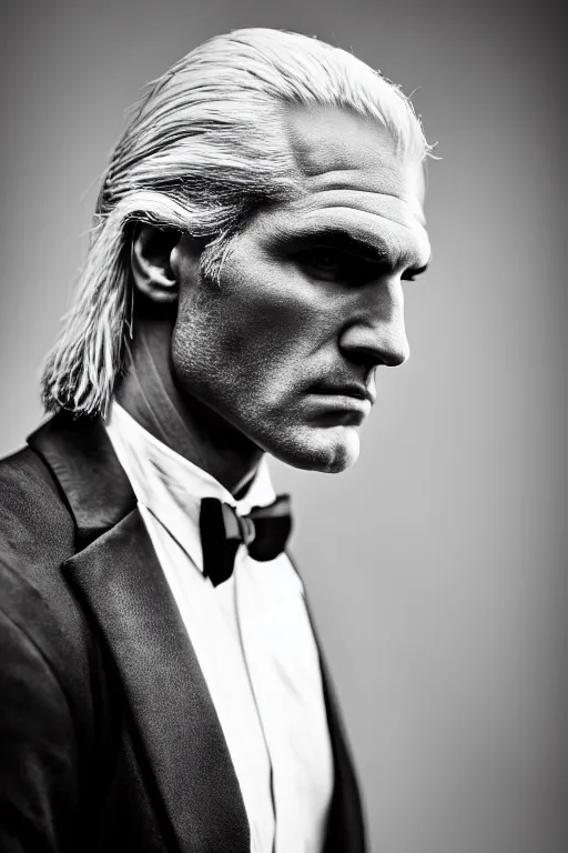 Image similar to portrait of geralt of rivia wearing an elegant tuxedo, 5 5 mm lens, professional photograph, black and white, elegant, serious, stern look