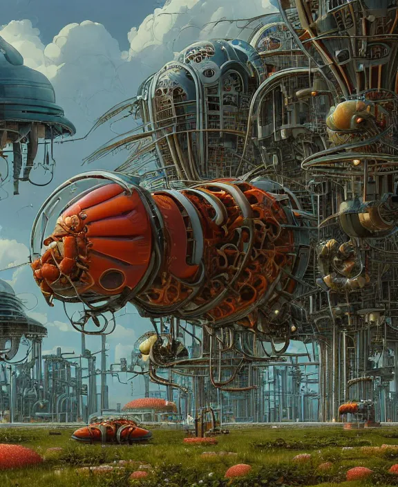 Prompt: inflated industrial plant made from isopod lobster octopus, in the style of spaceship, overgrown with orchids, partly cloudy, somber, dramatic lighting, by geof darrow, bill sienkiewicz, dan mumford, yusuke murata, makoto shinkai, ross tran, cinematic, unreal engine, cel shaded, featured on artstation, pixiv