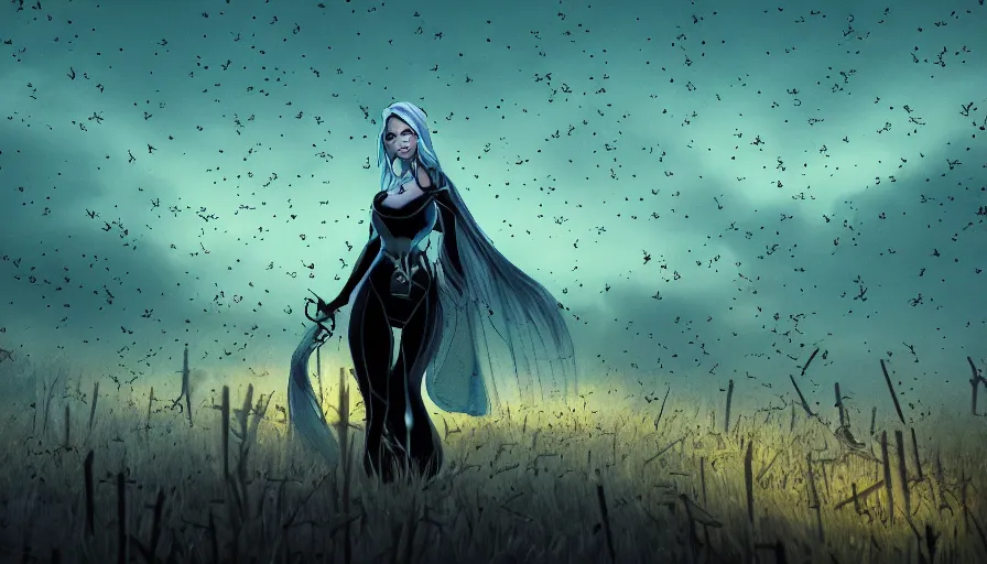 Image similar to lady death surrounded by fireflies walking away with me, cinematic lighting, wow, establishing shot