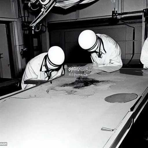 Prompt: secret underground lab where an experiment is performed on an alien body lying on a surgical table, top secret, data deleted, high detail 1 9 6 5 s