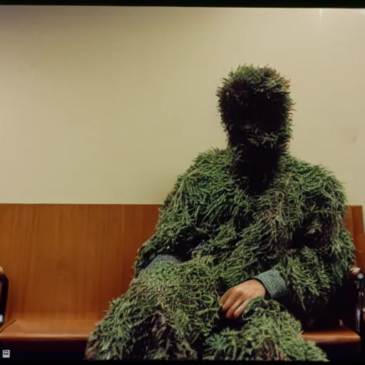 Prompt: a man wearing a ghillie suit sitting in a crowded waiting room, film still, 8k, film grain, cinematic, alexa 65