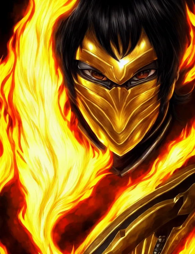 Image similar to a detailed manga portrait of a black haired man with hazel eyes in gleaming golden armour that burns with golden fire, trending on artstation, digital art, 4 k resolution, detailed, high quality, sharp focus, hq artwork, coherent, insane detail, character portrait