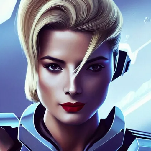 Image similar to A combination of Grace Kelly's and Ada Wong's and Ashley Greene's appearances with blonde hair wearing Forerunner armor from Halo, high tech, action shot, angular, full body portrait, futuristic, dramatic, fantasy, intricate, elegant, highly detailed, artstation, matte, sharp focus, 8K, art by Artgerm and Greg Rutkowski and Alphonse Mucha