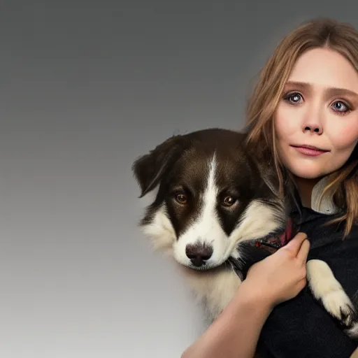 Image similar to Elizabeth Olsen holding a dog in her hands, photorealistic, 4k, 8k, trending on artstation