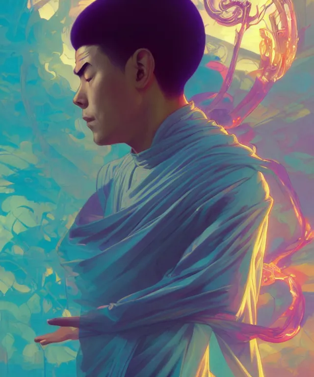 Image similar to a floating monk, meditating, wearing netrunner clothing, vaporwave aesthetic, colorful, psychedelic, digital painting, artstation, concept art, smooth, sharp focus, illustration, art by artgerm and greg rutkowski and alphonse mucha