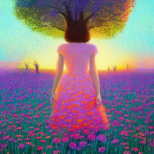 Image similar to girl made from surreal flowers, standing in flower field, surreal photography, big trees, sunrise dramatic light, impressionist painting, colorful clouds, digital painting, pointillism, artstation, simon stalenhag