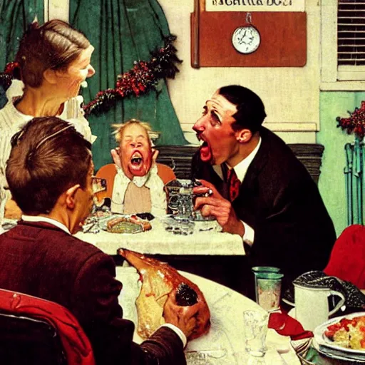Prompt: a man yelling at his mother during a family christmas dinner by norman rockwell