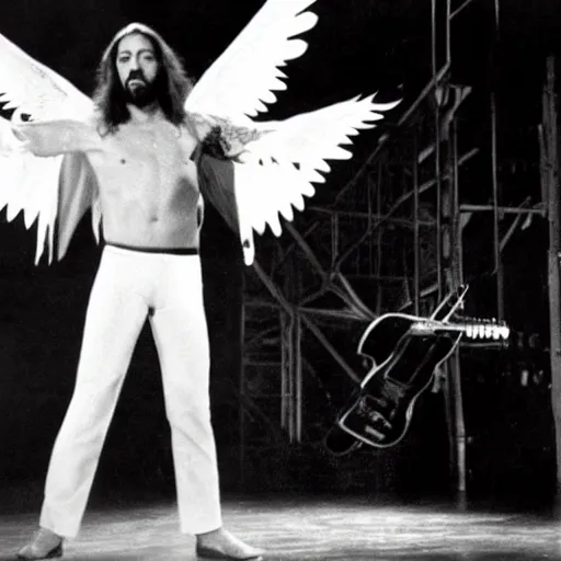 Image similar to Jesus christ, superstar, electric guitar, on stage, wings of flame