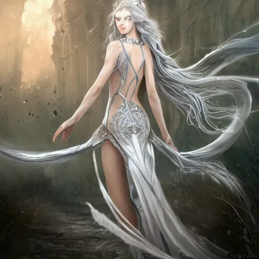 Image similar to an elven woman with long, silver hair cascading down her back. she has delicate, angular features and piercing blue eyes. she's clad in a flowing white dress with intricate silver embroidery, dynamic lighting, photorealistic fantasy concept art, trending on art station, stunning visuals, creative cinematic, ultra detailed