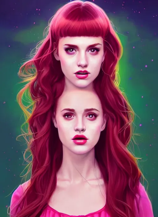 Image similar to full body portrait of teenage cheryl blossom, bangs, green eyes, sultry expression, red hair, sultry smirk, bangs and wavy hair, pink skirt, bangs, intricate, elegant, glowing lights, highly detailed, digital painting, artstation, concept art, smooth, sharp focus, illustration, art by wlop, mars ravelo and greg rutkowski