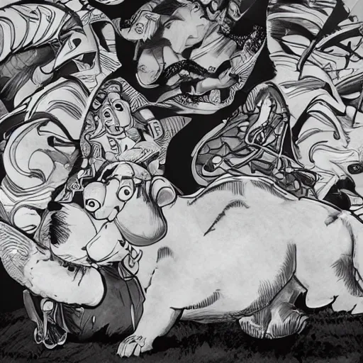 Image similar to mario stomping on a goomba, line art black and white, art by artgerm and greg rutkowski and alphonse mucha