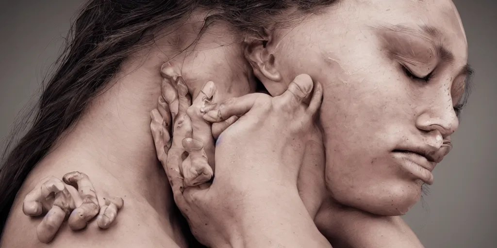 Prompt: hyperrealistic photography of a highly intricate, stunning cyborg female, elbow, armpit, knee, intimate, hands holding in the style of beth cavener, jin kagetsu, chuck close, and wlop, highly detailed, face, eyes closed, symmetry, masterpiece, award - winning, sharp focus, concept art, ambient lighting, 8 k, artstation