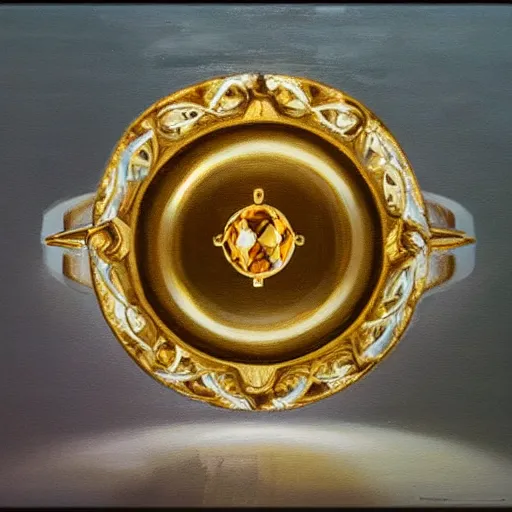 Image similar to a dnd golden wedding ring with three small glowing orbs in the center of its face, detailed oil painting, realistic, studio lighting