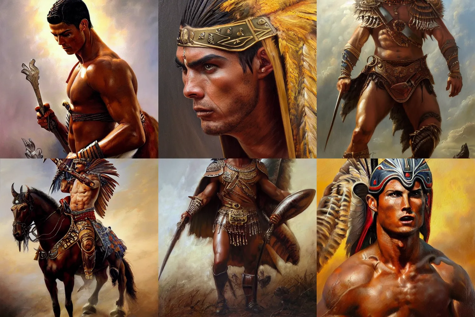 Prompt: Beautiful oil painting depicting Cristiano Ronaldo Indian warrior Lucas Graziano, Frank Frazetta, Greg Rutkovsky, Boris Vallejo, epic fantasy portrayal of characters, exquisite details, post-processing, low angle, masterpiece, cinematic