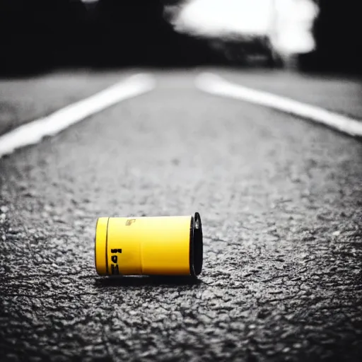 Prompt: Shot from below, an empty gas canister left on the ground with a shotgun left on the ground, in a town filled with pale yellow mist. End of the world. Depth of field. Film grain. Documentary photo. Sigma 40mm f/1.4 DG HSM