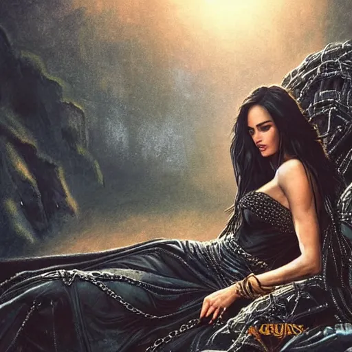 Image similar to a queen is sitting on her throne dressed in chains, looks like megan fox, beautiful highly detailed face, complementary lighting, backlit, black eyeshadow, grinning, adventure, dramatic lighting, landscape background, beautiful painting by artgerm and greg rutkowski and raymond swanland