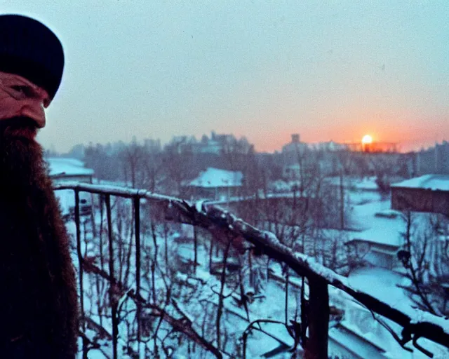 Image similar to lomographic tarkovsky film still of 4 0 years russian man with beard and sweater standing on small hrushevka 9 th floor balcony full with cigarette smoke in winter taiga looking at sunset, cinestill, bokeh