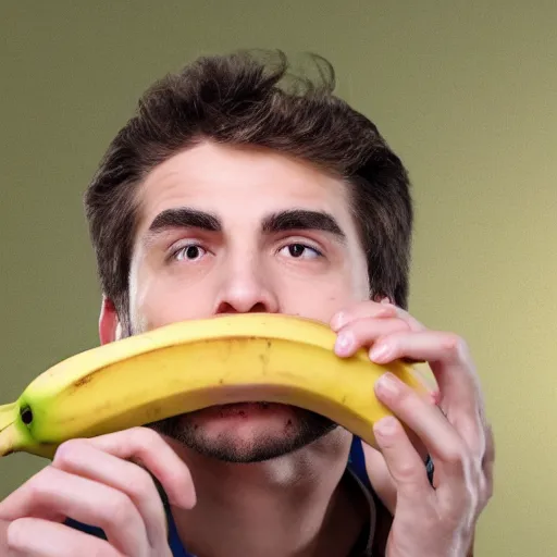 Image similar to flash photography of a high guy staring intently at a banana