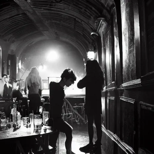 Prompt: two college kids drinking absinthe in ab underground jazz club in paris, with grass for floor. art deco style, dramatic lighting, shadows